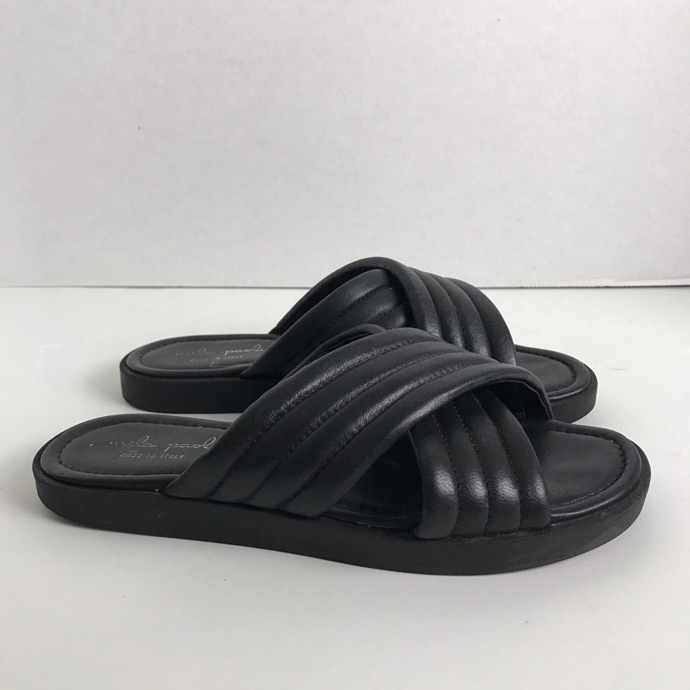 Mila Paoli Black Leather Cross Strap Slip On Sandals Womens Size 9 Minimalist